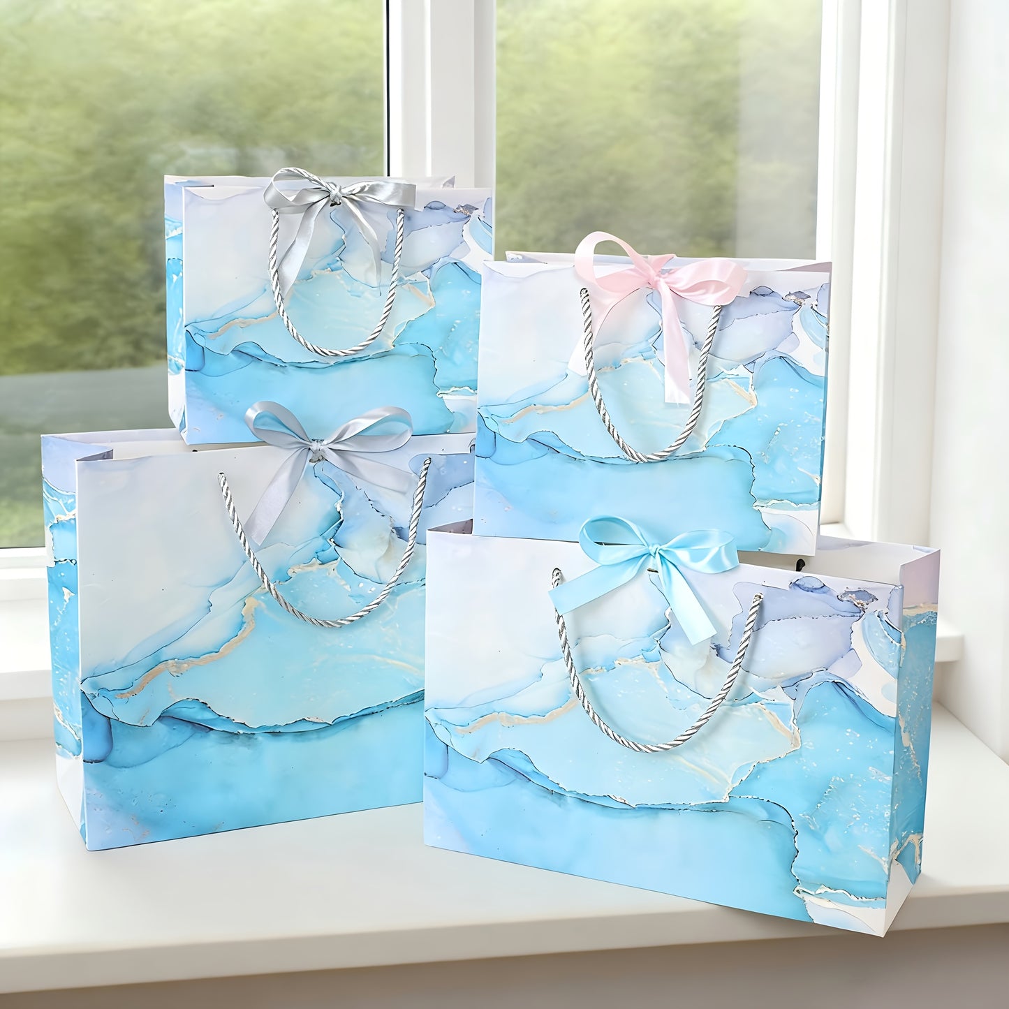 Blue Marble Print Gift Bag with Satin Bow Decoration