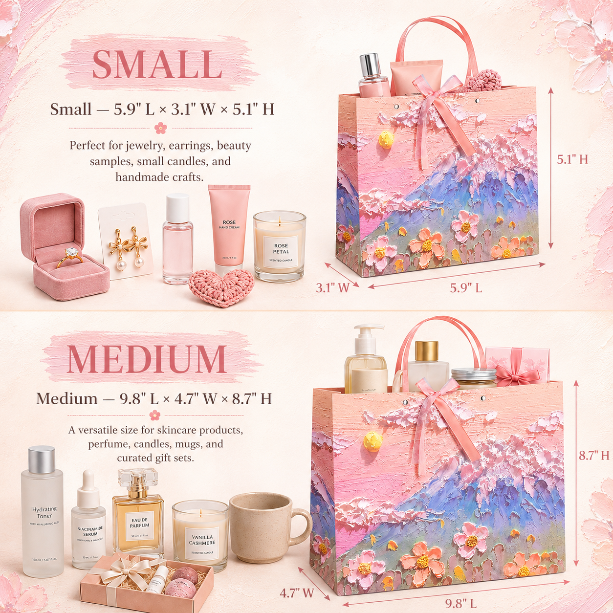 9-Pack Pink Mountain Floral Oil Painting Gift Bags