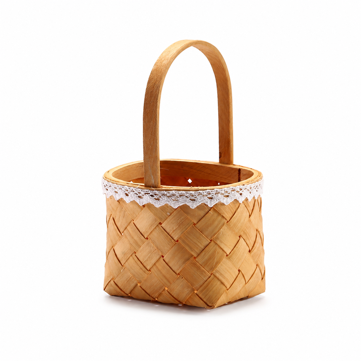 Handwoven Wooden Slat Basket with Handle
