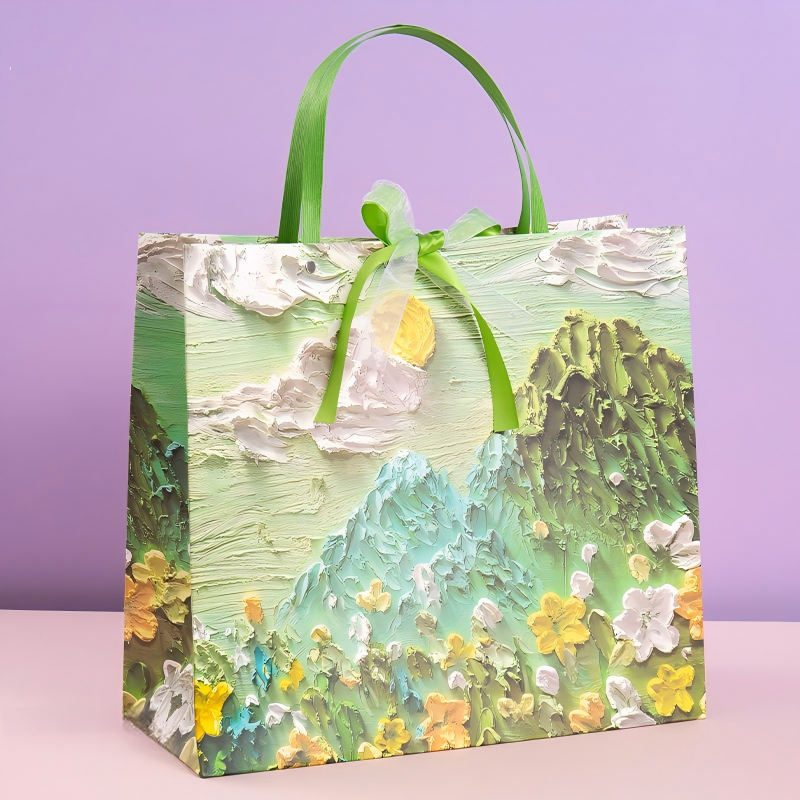 Green Mountain Landscape Print Gift Bag with Bow
