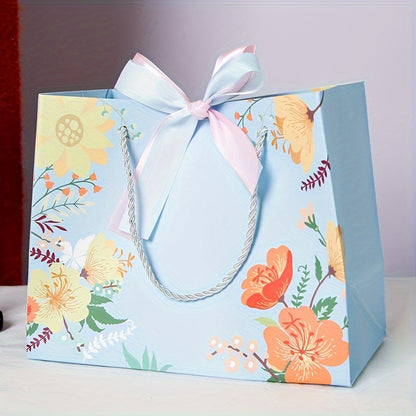Blue Floral Gift Bag with Ribbon Bow & Rope Handles