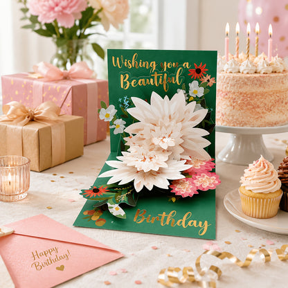 3D White Flower Pop-Up Birthday Card with Envelope & Gift Card Holder