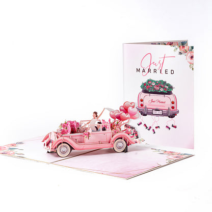 3D Pop-Up Wedding Card with Pink Just Married Car