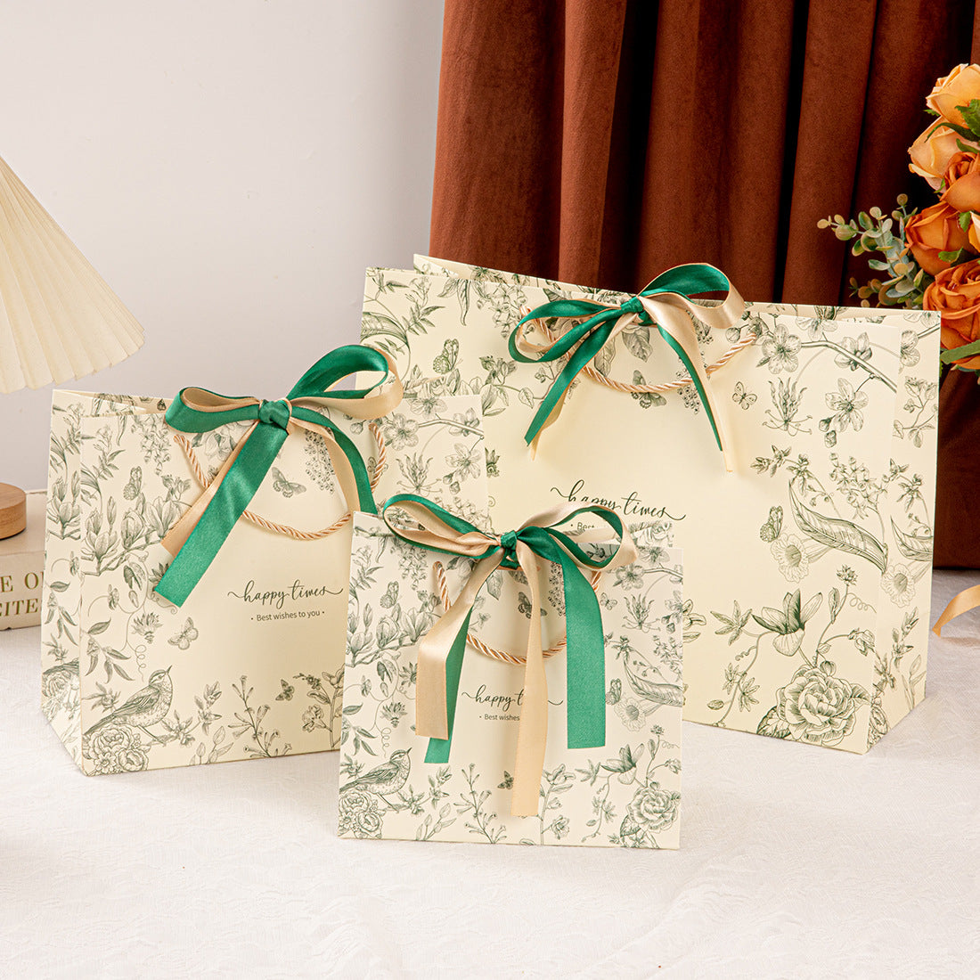 Elegant Vintage Botanical Ribbon Gift Bag with Double Bow Handles