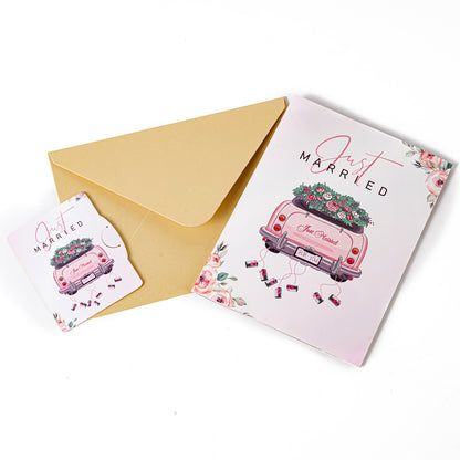 3D Pop-Up Wedding Card with Pink Just Married Car