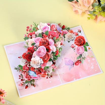 3D Rose Bouquet Pop-Up Greeting Card with Blank Note Card