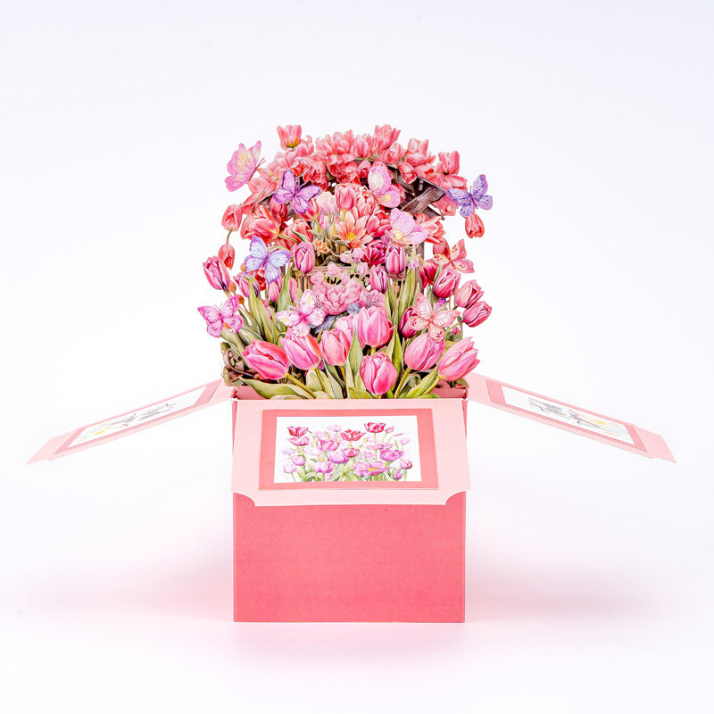 3D Pink Tulip Garden Pop-Up Thank You Card with Envelope