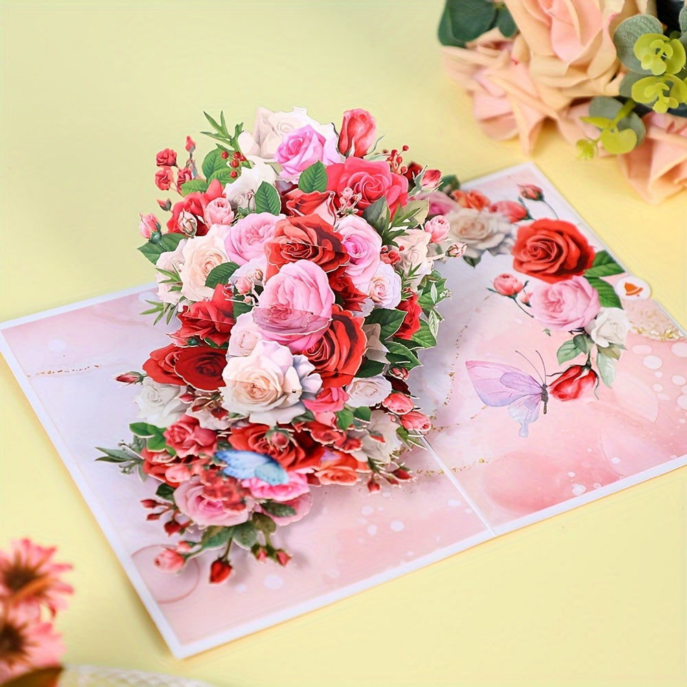 3D Rose Bouquet Pop-Up Greeting Card with Blank Note Card