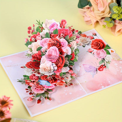 3D Rose Bouquet Pop-Up Greeting Card with Blank Note Card