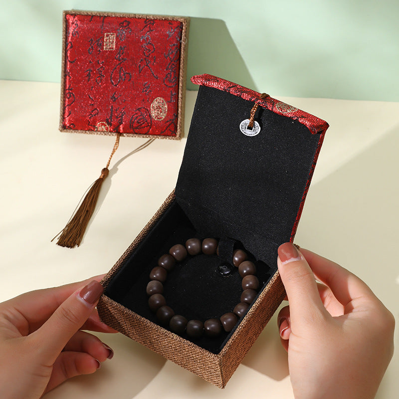 Chinese Calligraphy Brocade Jewelry Gift Box with Tassel