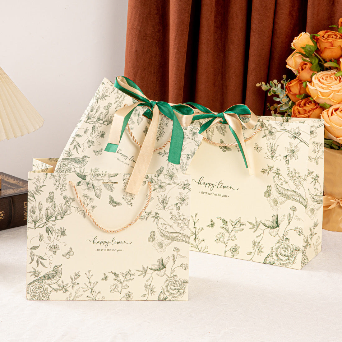 Elegant Vintage Botanical Ribbon Gift Bag with Double Bow Handles