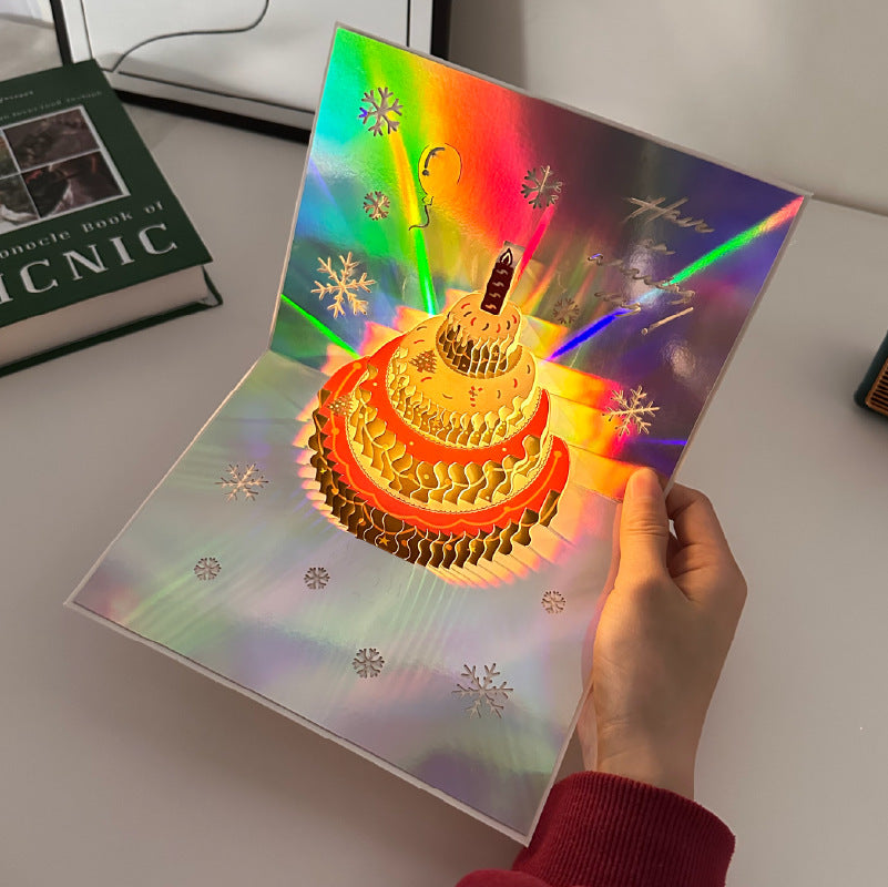 Music & Light-Up Holographic 3D Pop-Up Christmas Cake Card with Envelope