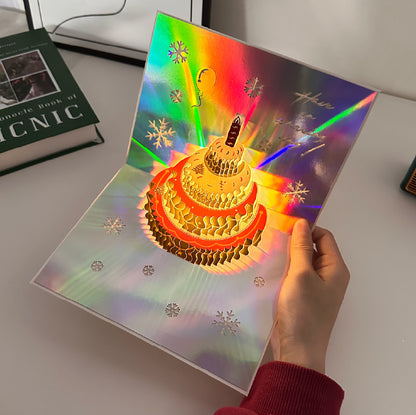 Music & Light-Up Holographic 3D Pop-Up Christmas Cake Card with Envelope