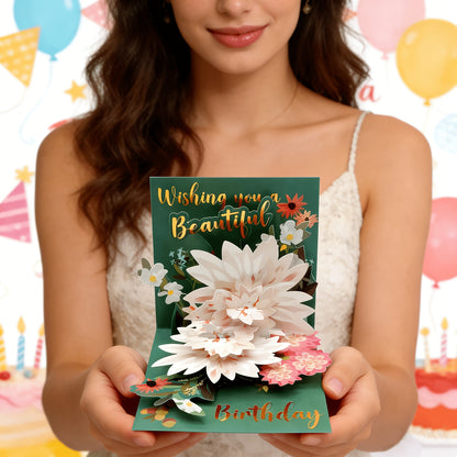 3D White Flower Pop-Up Birthday Card with Envelope & Gift Card Holder