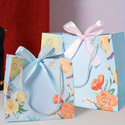 Blue Floral Gift Bag with Ribbon Bow & Rope Handles