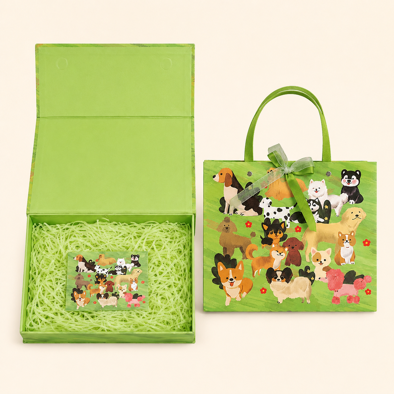Green Dog Print Magnetic Gift Box Set with Gift Bag