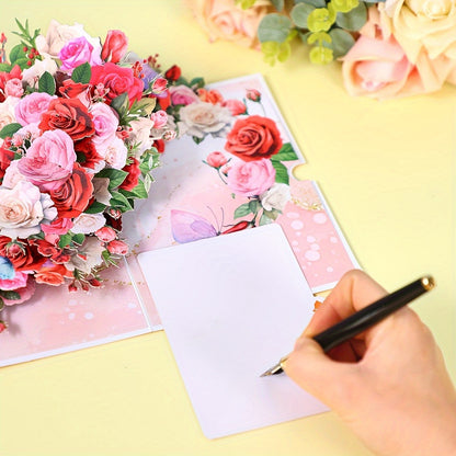 3D Rose Bouquet Pop-Up Greeting Card with Blank Note Card