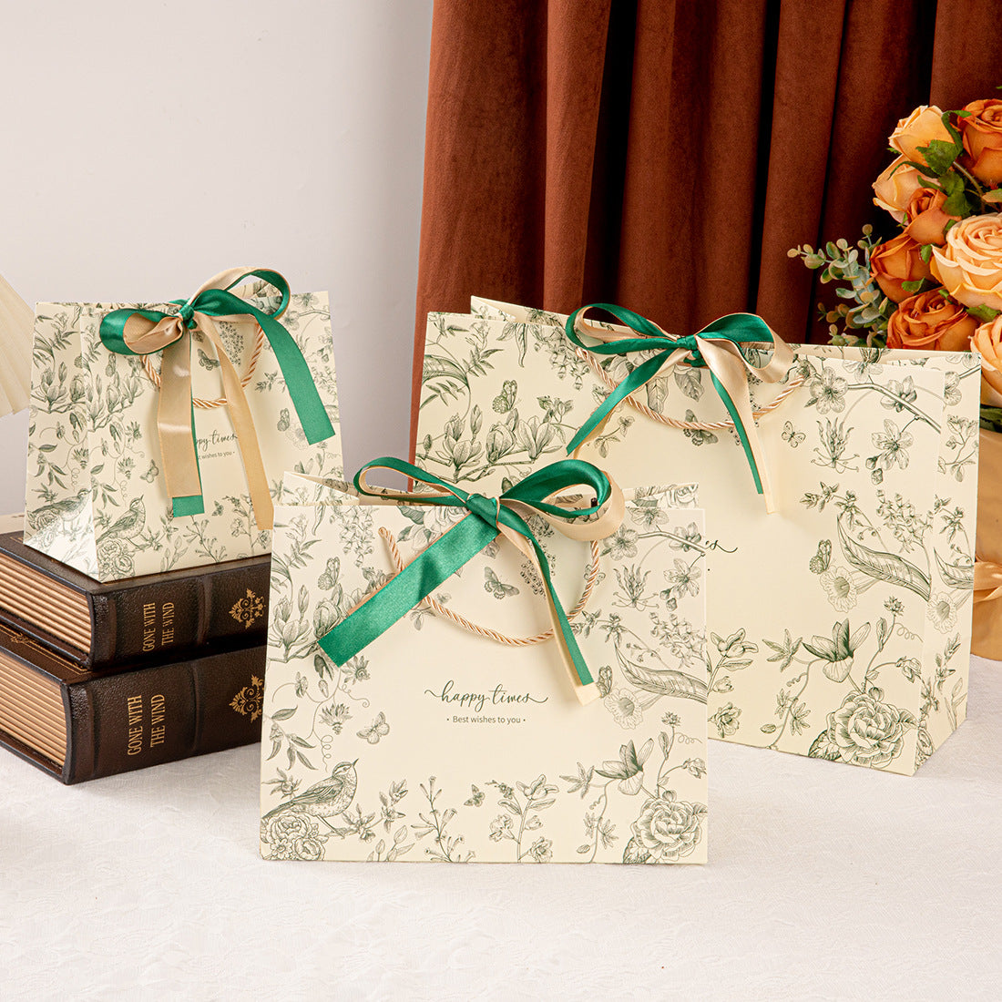Elegant Vintage Botanical Ribbon Gift Bag with Double Bow Handles