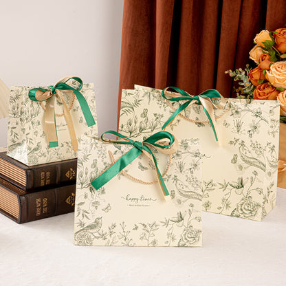 Elegant Vintage Botanical Ribbon Gift Bag with Double Bow Handles