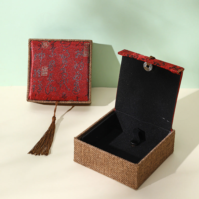 Chinese Calligraphy Brocade Jewelry Gift Box with Tassel