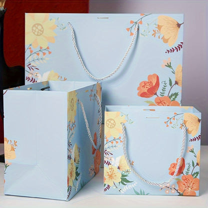 Blue Floral Gift Bag with Ribbon Bow & Rope Handles