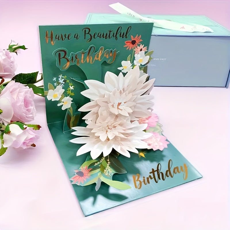 3D White Flower Pop-Up Birthday Card with Envelope & Gift Card Holder