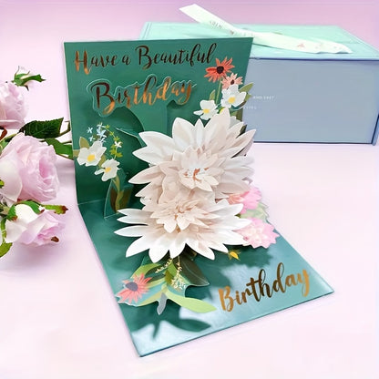 3D White Flower Pop-Up Birthday Card with Envelope & Gift Card Holder