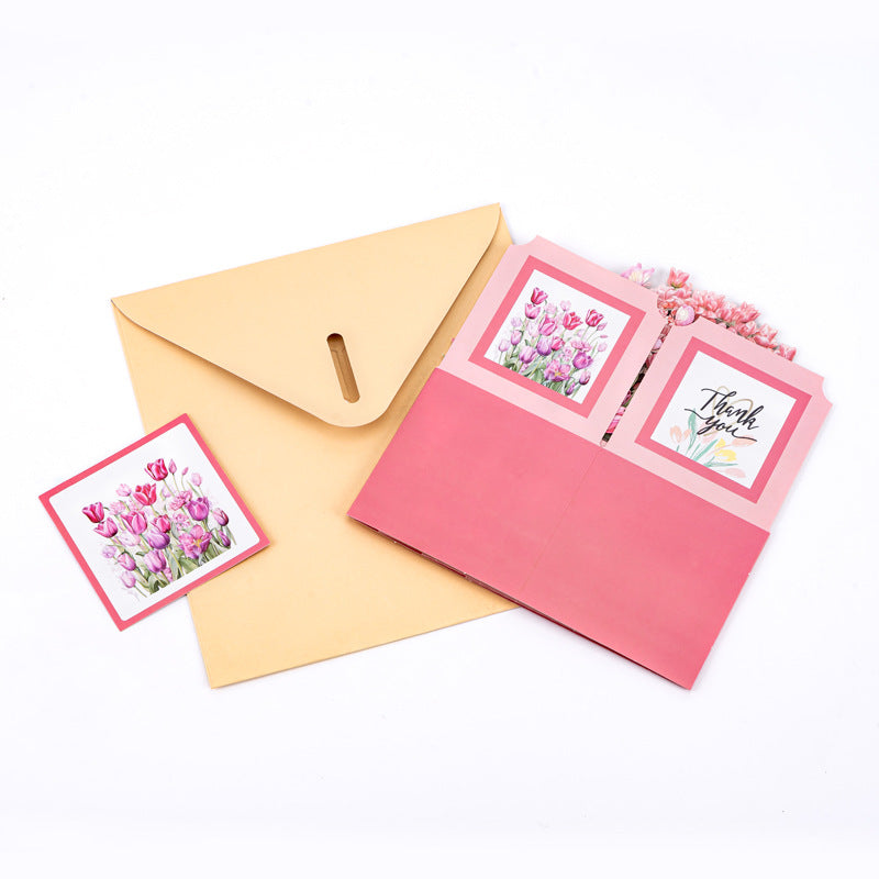 3D Pink Tulip Garden Pop-Up Thank You Card with Envelope