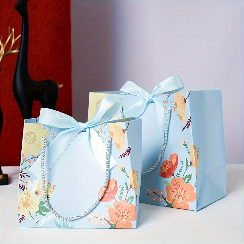 Blue Floral Gift Bag with Ribbon Bow & Rope Handles