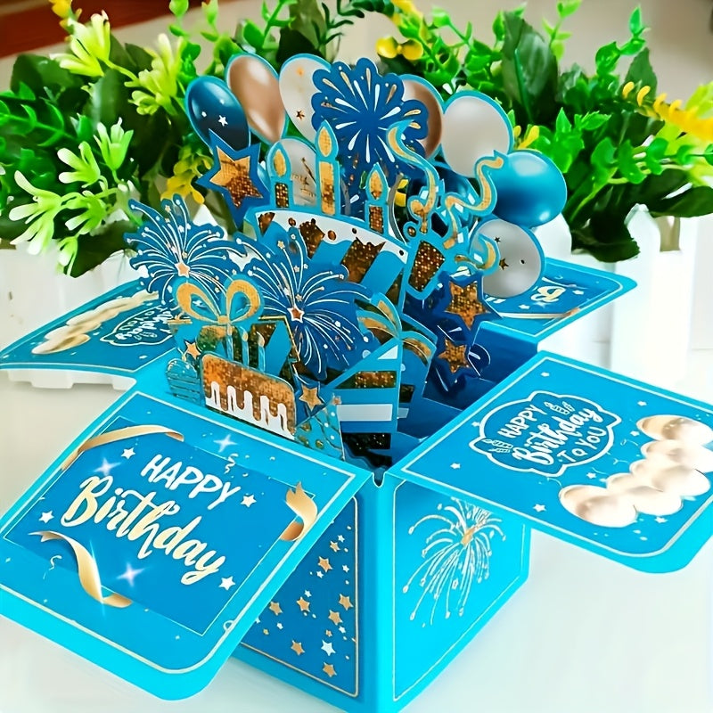 3D Blue Birthday Pop-Up Card with Envelope & Note Card