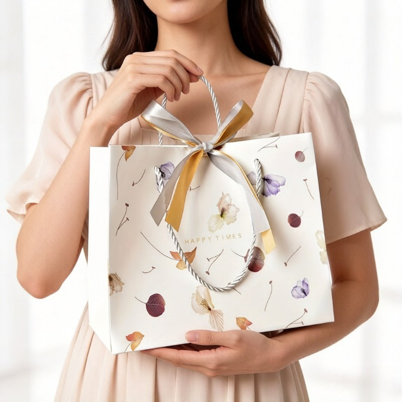 Watercolor Floral Leaf Print Gift Bag with Bow