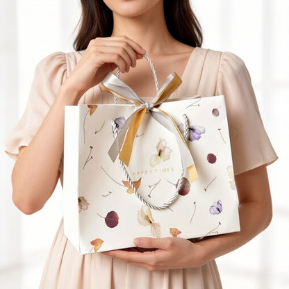 Watercolor Floral Leaf Print Gift Bag with Bow