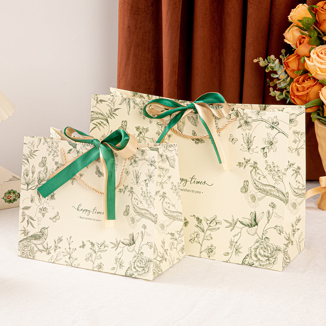 Elegant Vintage Botanical Ribbon Gift Bag with Double Bow Handles