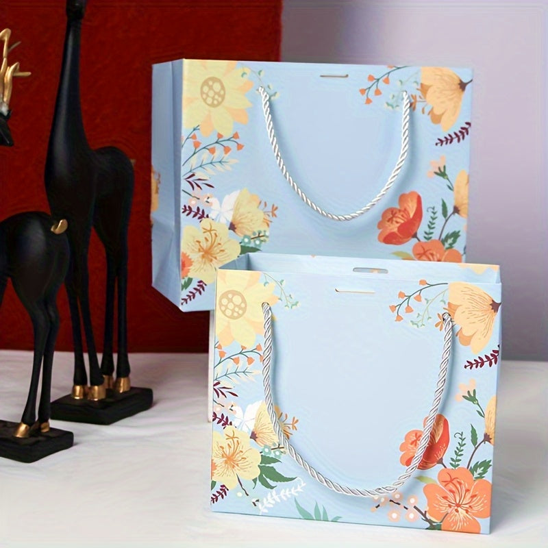Blue Floral Gift Bag with Ribbon Bow & Rope Handles