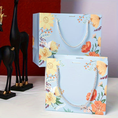 Blue Floral Gift Bag with Ribbon Bow & Rope Handles