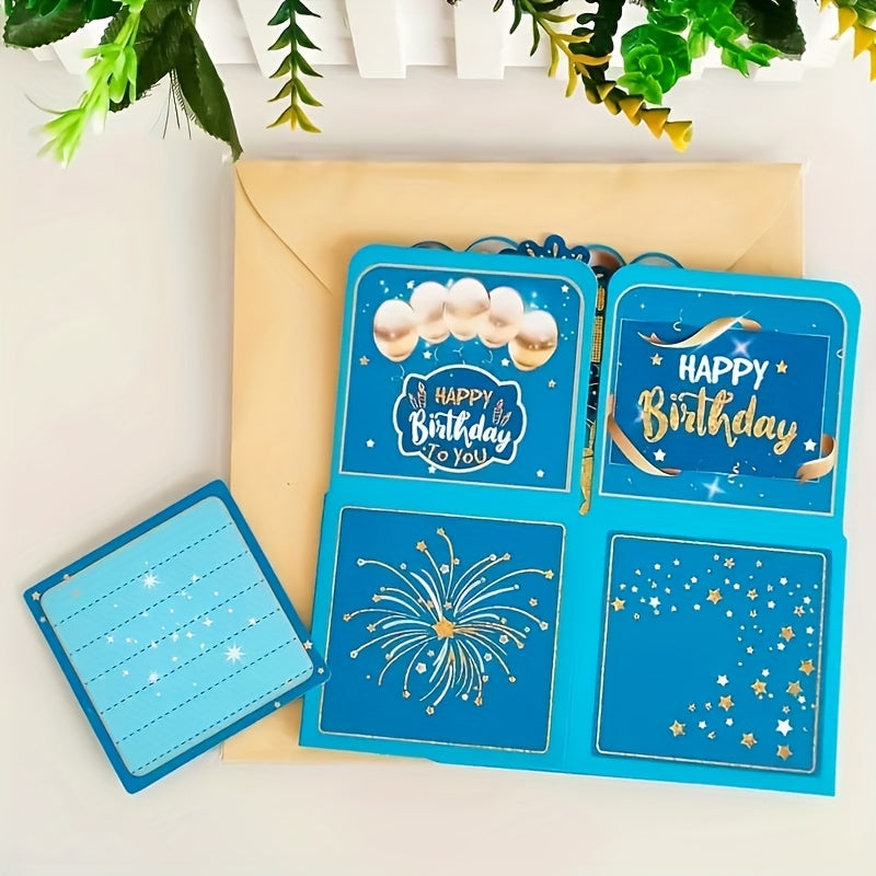 3D Blue Birthday Pop-Up Card with Envelope & Note Card