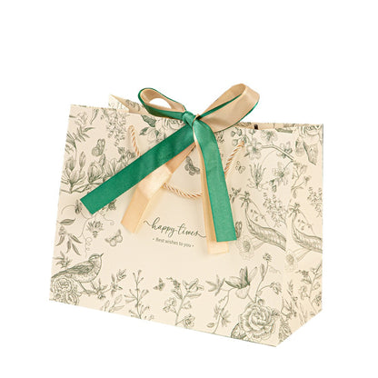 Elegant Vintage Botanical Ribbon Gift Bag with Double Bow Handles