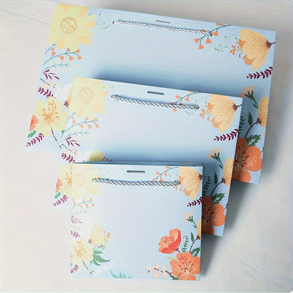Blue Floral Gift Bag with Ribbon Bow & Rope Handles