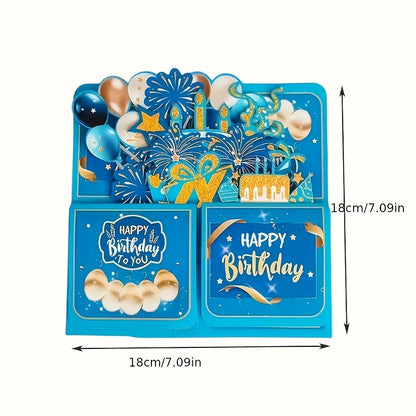 3D Blue Birthday Pop-Up Card with Envelope & Note Card