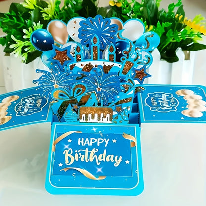 3D Blue Birthday Pop-Up Card with Envelope & Note Card