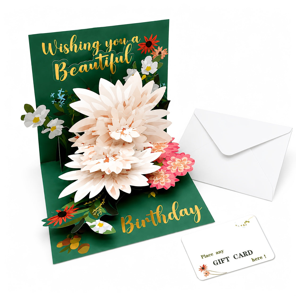 3D White Flower Pop-Up Birthday Card with Envelope & Gift Card Holder