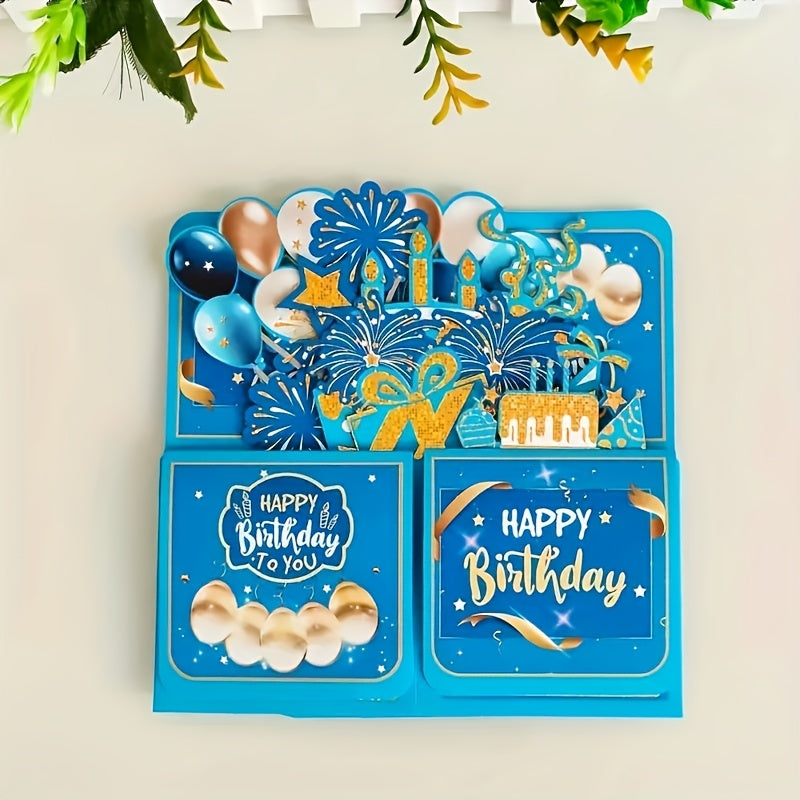 3D Blue Birthday Pop-Up Card with Envelope & Note Card