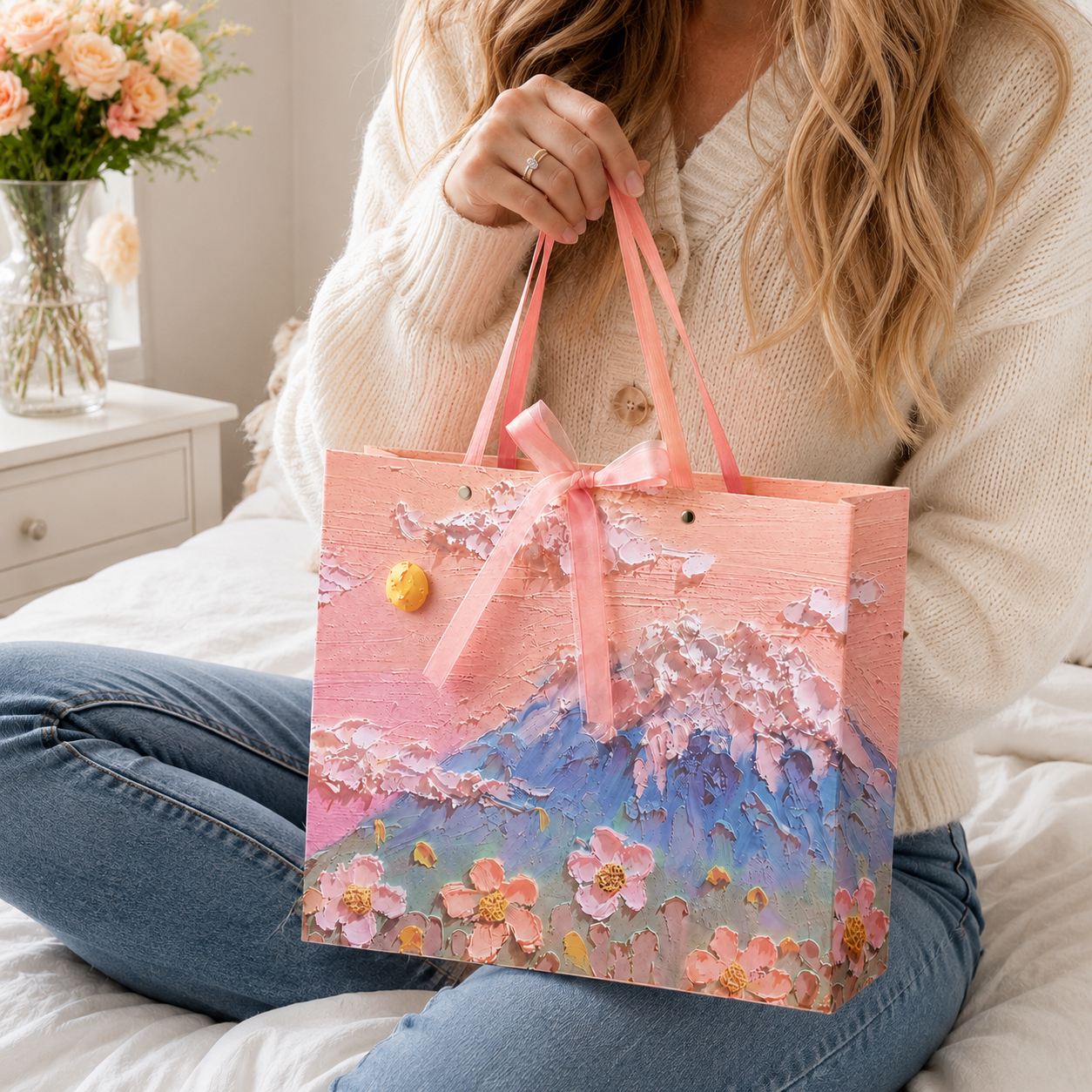 Pink Mountain Floral Oil Painting Gift Bag