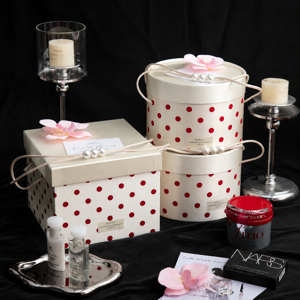 Luxury Floral Polka Dot Gift Box with Ribbon Handle, Bridesmaid Card & Premium Tissue Paper Filling – Round & Square Proposal Gift Box for Wedding, Bridal Shower, Birthday & Special Occasions