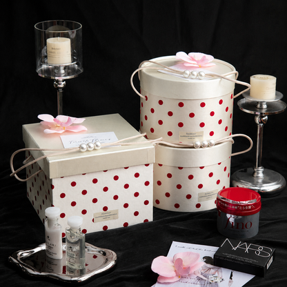 Luxury Floral Polka Dot Gift Box with Ribbon Handle, Bridesmaid Card & Premium Tissue Paper Filling – Round & Square Proposal Gift Box for Wedding, Bridal Shower, Birthday & Special Occasions