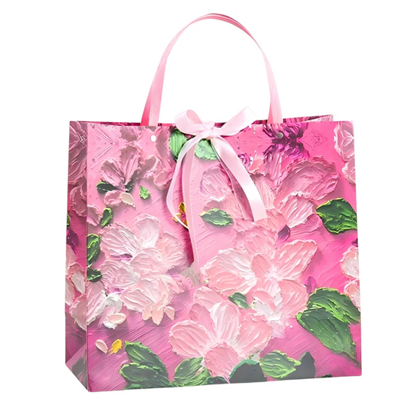 Pink Floral Oil Painting Gift Bag with Bow