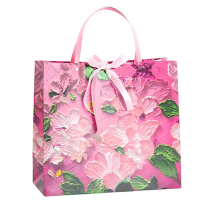 Pink Floral Oil Painting Gift Bag with Bow