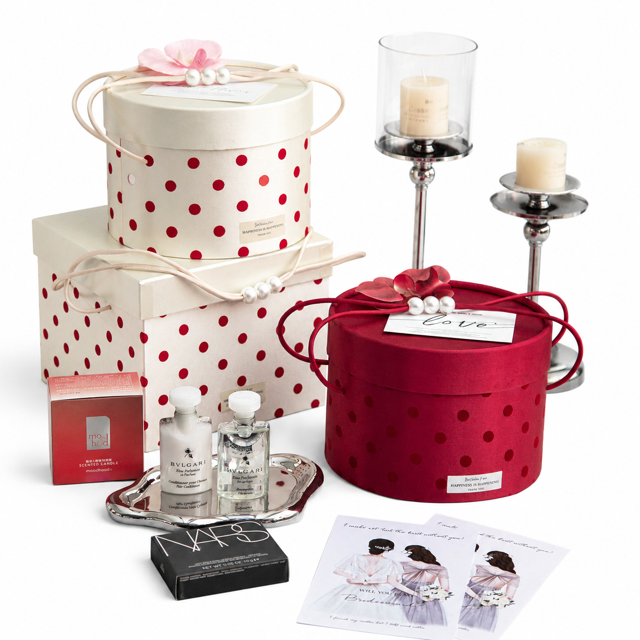 Luxury Floral Polka Dot Gift Box with Ribbon Handle, Bridesmaid Card & Premium Tissue Paper Filling – Round & Square Proposal Gift Box for Wedding, Bridal Shower, Birthday & Special Occasions