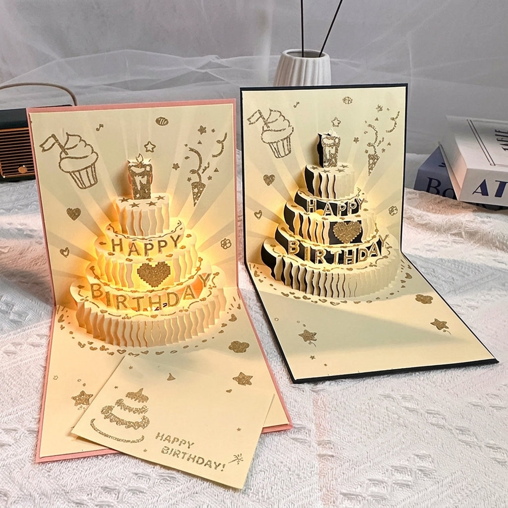 Light-Up Musical 3D Pop-Up Birthday Cake Card with Envelope
