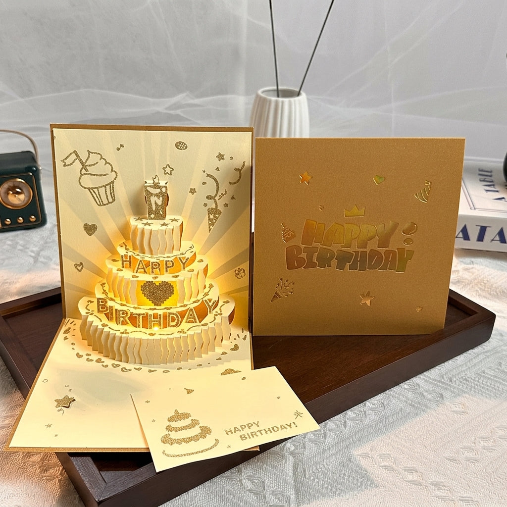 Light-Up Musical 3D Pop-Up Birthday Cake Card with Envelope